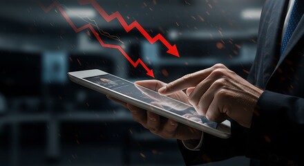 Digital market plunge indicated by red arrows and a tablet user assessing data
