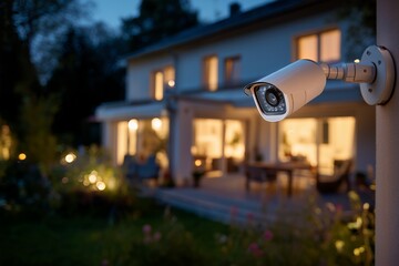 White security camera mounted on a house wall at night, overlooking a well-lit backyard with lush greenery, concept for home security system advertising and surveillance technology