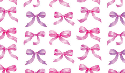 Background of pink bows of a coquette. White background with pink bows of satin ribbons in random order. Coquette aesthetics, vintage background of the 70s, 80s. Pink ribbon on a light background.