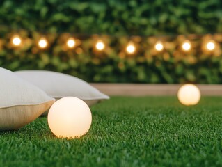 Casual pillows tossed on grass for movie night, laidback backyard setting with string lights