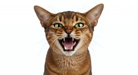Angry Abyssinian Cat with Open Mouth and Visible Fangs Isolated by White Screen Close Up Studio Shot Feline Portrait Tabby Pattern and Expressive Features Under Studio Lighting