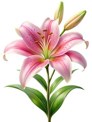 Fototapeta premium Beautiful pink lily flower with green leaves and two flower buds art