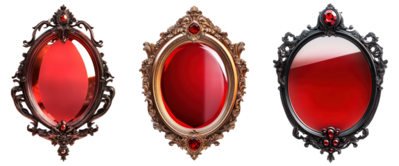 Set of ornate gothic red mirrors with vintage baroque frames, isolated on transparent background
