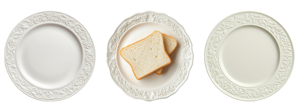 Decorative ceramic plates with embossed pattern and sliced bread, isolated on transparent background