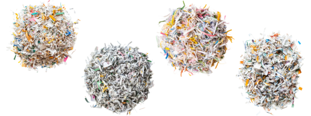 Colorful shredded paper piles, recycling and waste concept,  isolated on transparent background