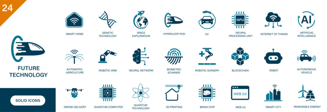 Future technology icon. Containing hyperloop pod, EV, robotics, quantum computer, green energy. Vector illustration.