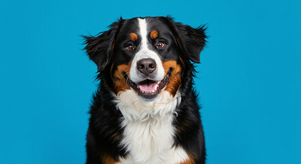 Happy Dog Smiling Portrait on Blue Background