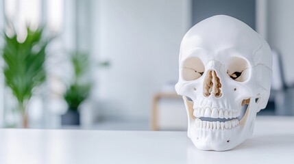 A realistic anatomical skull model on a table