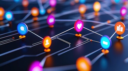 Complex Interconnected Network of Colorful Nodes and Lines Symbolizing Digital Communication and Connectivity in Modern Technology
