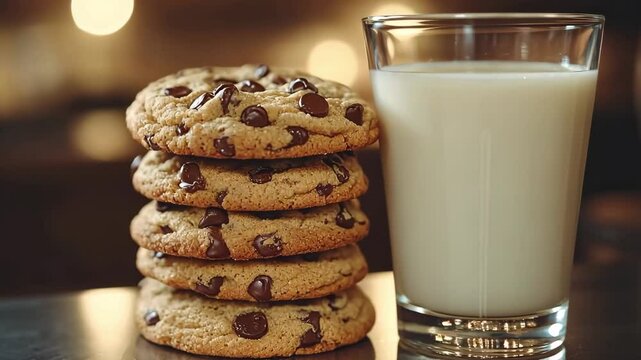 Delicious chocolate chip cookies stacked beside a glass of cold milk inviting a satisfying snack experience for any time of the day