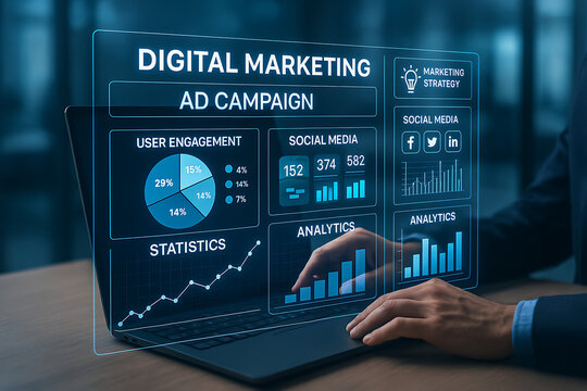 Digital Marketing Ad Campaign Analysis with Holographic Charts and Social Media Engagement Metrics on Laptop in Modern Office for Strategic Business Insights and Performance Evaluation