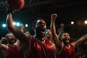 Sweaty basketball player raising his arm with ball in hand, surrounded by his jubilant team celebrating victory; concept for sports photography, teamwork, and victory celebration