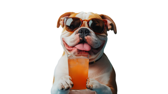 Happy dog holds a drink, ready to celebrate summer vibes, PNG, created with AI