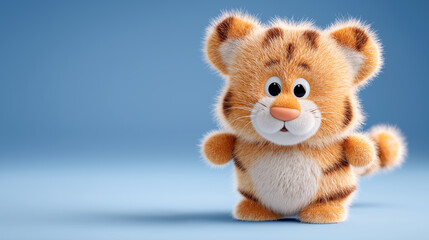 Fototapeta premium Cute tiger figure stands on a soft blue background