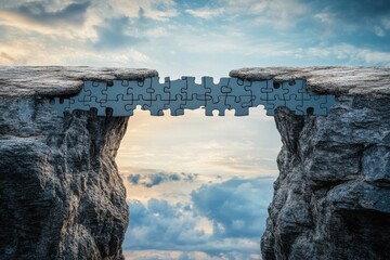 Puzzle Pieces Bridge Connecting Two Cliffs Dramatic Sky 3d gap art rock hope stone image clouds     