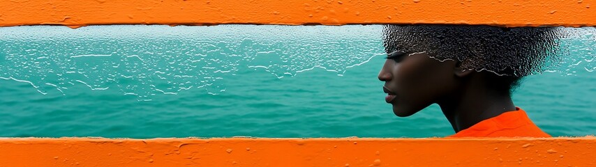 Woman Profile, Turquoise Water, Orange Frame