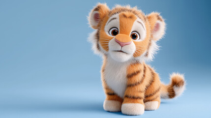 Cute tiger cub with expressive eyes on a soft blue background