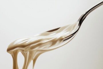 Creamy beige liquid flows from a spoon, showcasing its texture and fluidity.