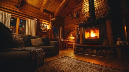 Fototapeta premium A cozy cabin interior shows the fireplace and living space