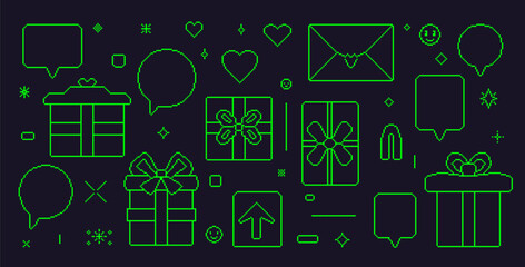 Gift boxes and speech bubbles green line set pixel art style. 8 bit birthday presents. Giftbox in retro 90s style. Prize with bow vector illustration isolated on dark background.