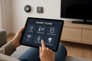 Smart Home Control with Tablet Interface Managing Lighting Temperature and Surveillance in Modern Living Room for Convenience and Automation