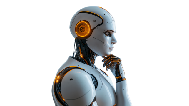 Robot contemplating its capabilities and tech advances, PNG, created with Generative AI