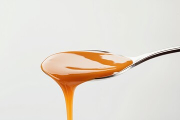 Golden caramel sauce flows from a spoon, thick and luscious, a sweet treat.