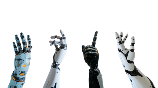 Robotic hands showcasing a variety of gestures and forms, PNG, created with Generative AI