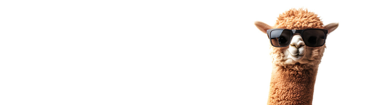 Alpaca with sunglasses poses confidently on a sunny day, PNG, created with AI