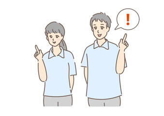 優しい色合いで描いた、指差しで説明する介護士（吹き出し付）
