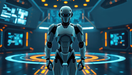 Futuristic humanoid robot standing in high-tech digital environment with glowing blue and orange accents, looking ready for action