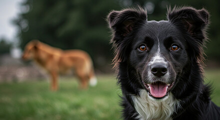 Fototapeta premium Dog Looking at Camera in Outdoor Grassy Field
