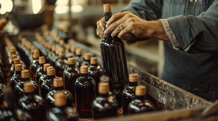 A skilled winemaker is carefully corking wine bottles, showcasing artisanal methods in an intimate winery. The warm atmosphere highlights traditional techniques and dedication to quality.