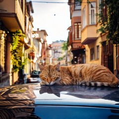 cat sleeping on car