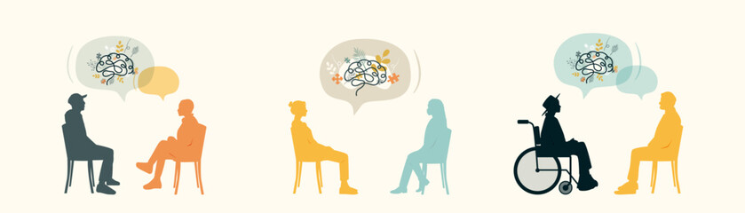 Mental Health banner. Different people talk about mental health.