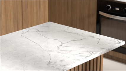 A polished marble countertop in a modern kitchen, showcasing elegance and functionality.
