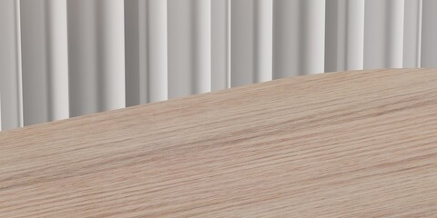 brown wooden table in front of grey corrugated metal sheet wall background with light from above for product displayed. wood table with industrial iron wall in striped line pattern backdrop