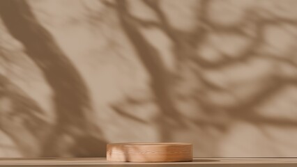 Minimal plaster wall backdrop featuring a palm shadow for product placement. Elegant summertime interior design for architecture. Mockup of a creative product platform stage