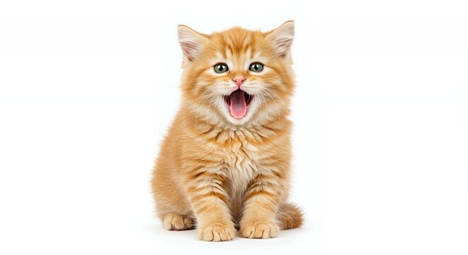 Ginger Kitten Yawning with Mouth Open Isolated on White Background Cute and Expressive Portrait Small Pet Animal with Furry Orange Coat Playful and Adorable Studio Shot