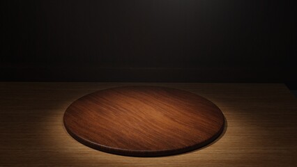 An empty wooden podium with a minimal design and natural finish, illuminated by soft light in warm earthy tones, creating a simple yet elegant visual