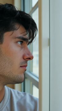 Young man lost in thought gazes out the window with a contemplative expression