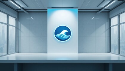 Showcasing innovative wave logo design modern exhibition space digital art display sleek environment contemporary viewpoint branding concept for business promotion