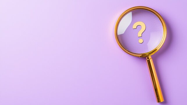 Elegant Gold Colored Magnifying Glass Over Purple Background Featuring Question Mark in Center for Inquiry and Curiosity