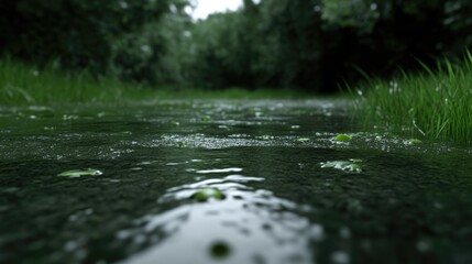 Wet forest path after rain.  Close-up view of a shallow, flooded walkway in a lush green woodland