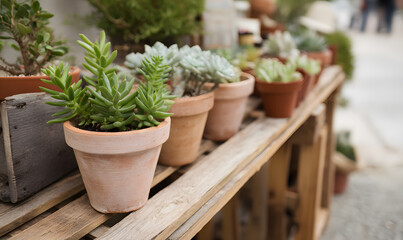 Succulents in pots, outdoor setting, Generative AI