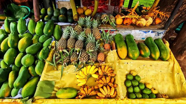 Profile view of a fruit shop with variety of fruits dsplayed near Yala National Park in Sri Lanka.