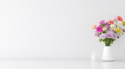 Simple, elegant floral display.  A bouquet of colorful flowers in a vase sits on a white surface against a plain white wall.  Minimalist and serene aesthetic