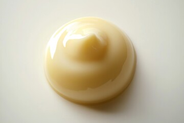 A dollop of creamy, pale yellow liquid, possibly a cosmetic product or food item, sits on a white background.