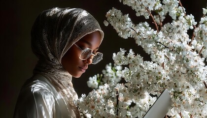 Woman with hijab reads, cherry blossoms