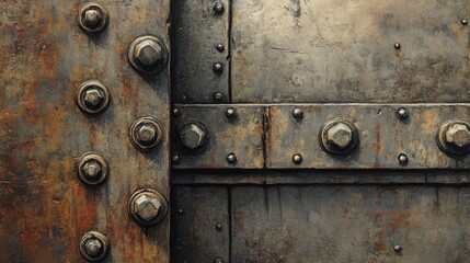 Fototapeta premium Rusted metal panel with rivets and bolts. Detailed close-up view of aged, textured, industrial metal.